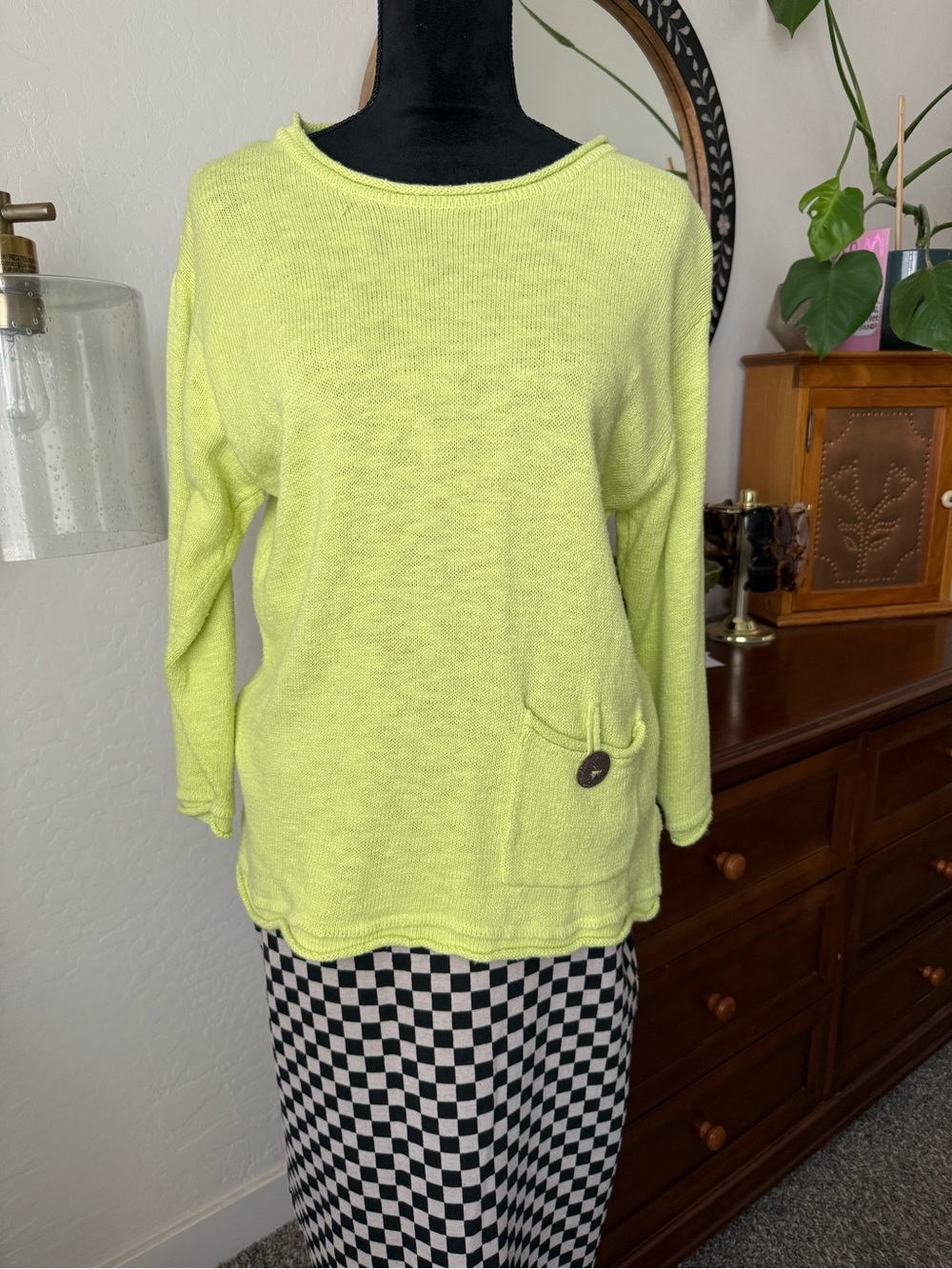 Lulu-B Neon Lime Crewneck Sweater Wood Button Pocket 100% cotton